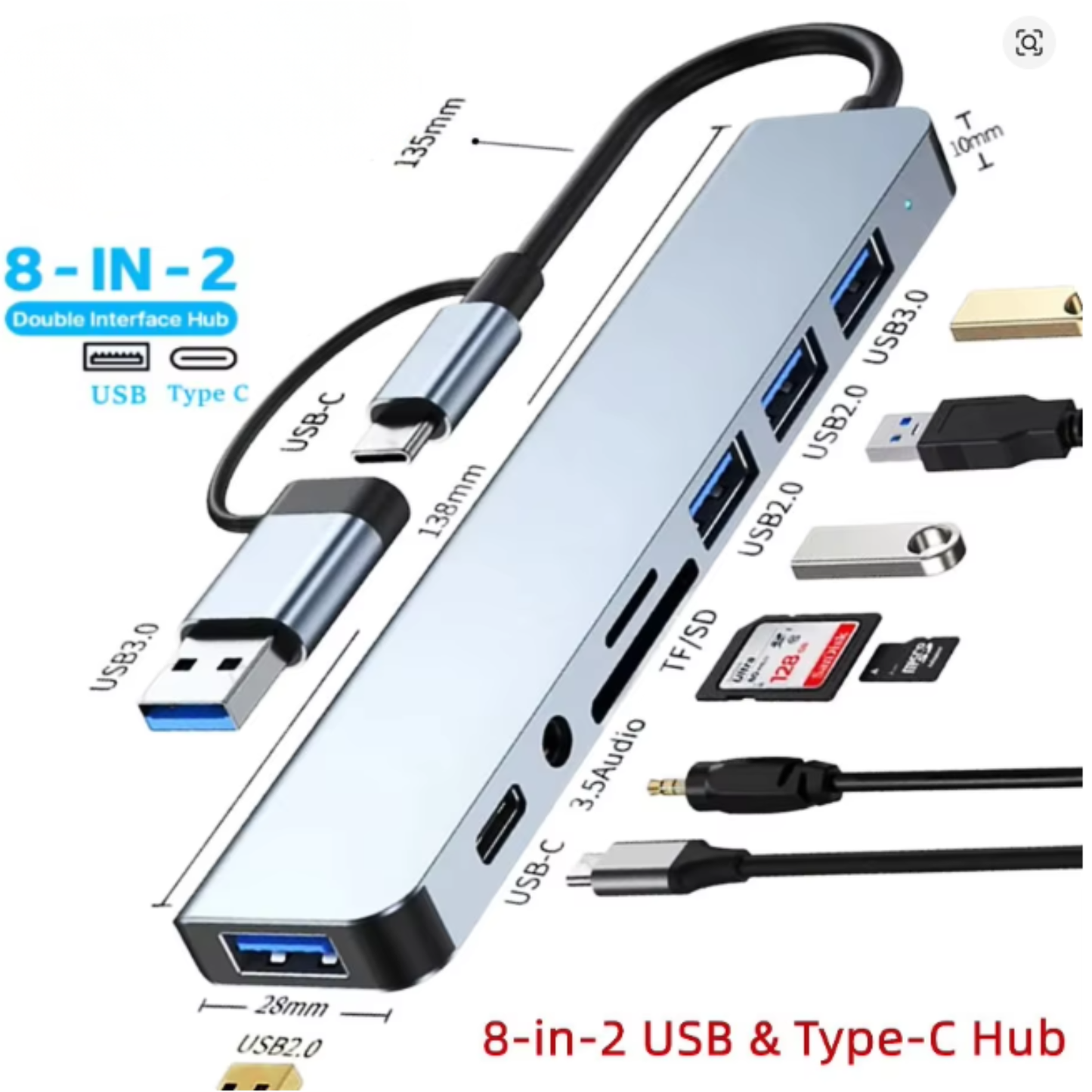 Type-C USB 3.0 8 in 2 USB Hub