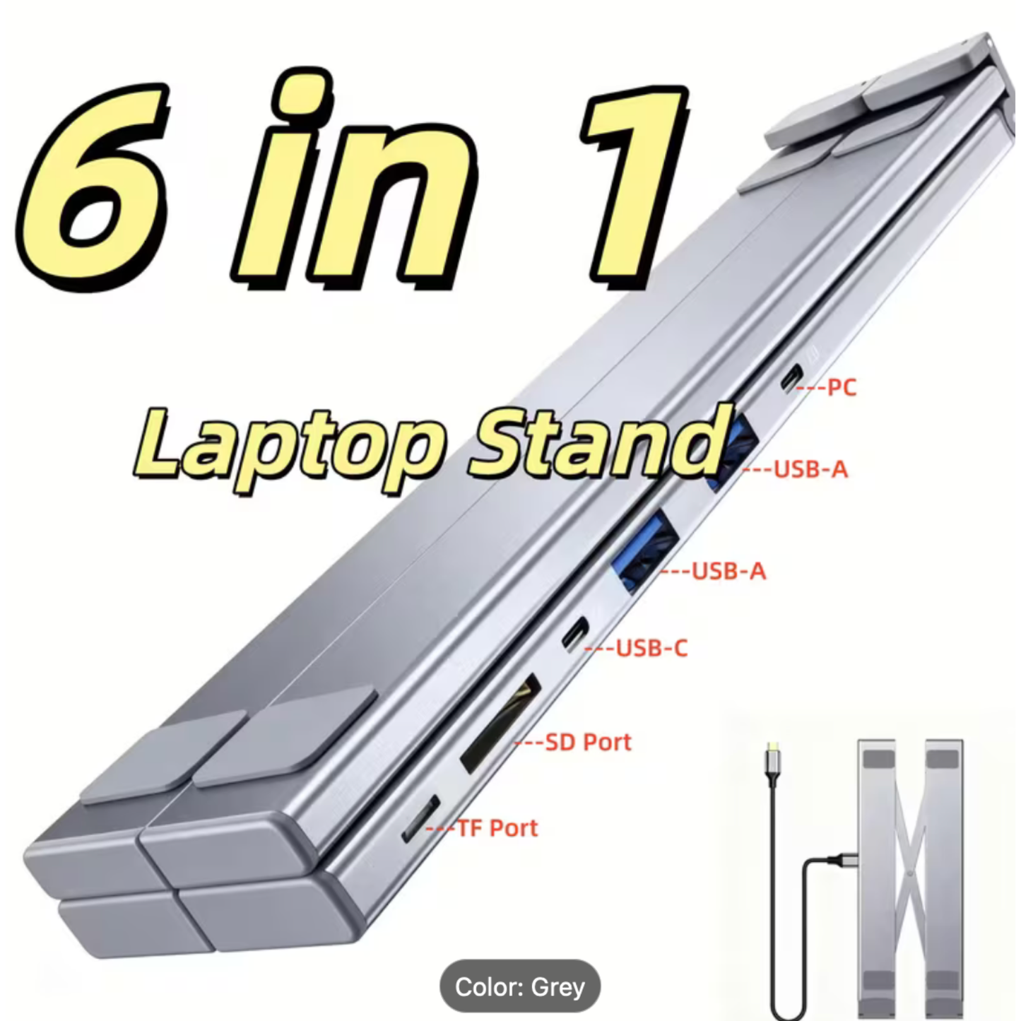 Usb-C Laptop Dock Stand, 6-In-1 Tablet Stand for Desk, Foldable And Adjustable Computer Stand, Charging Not Supported